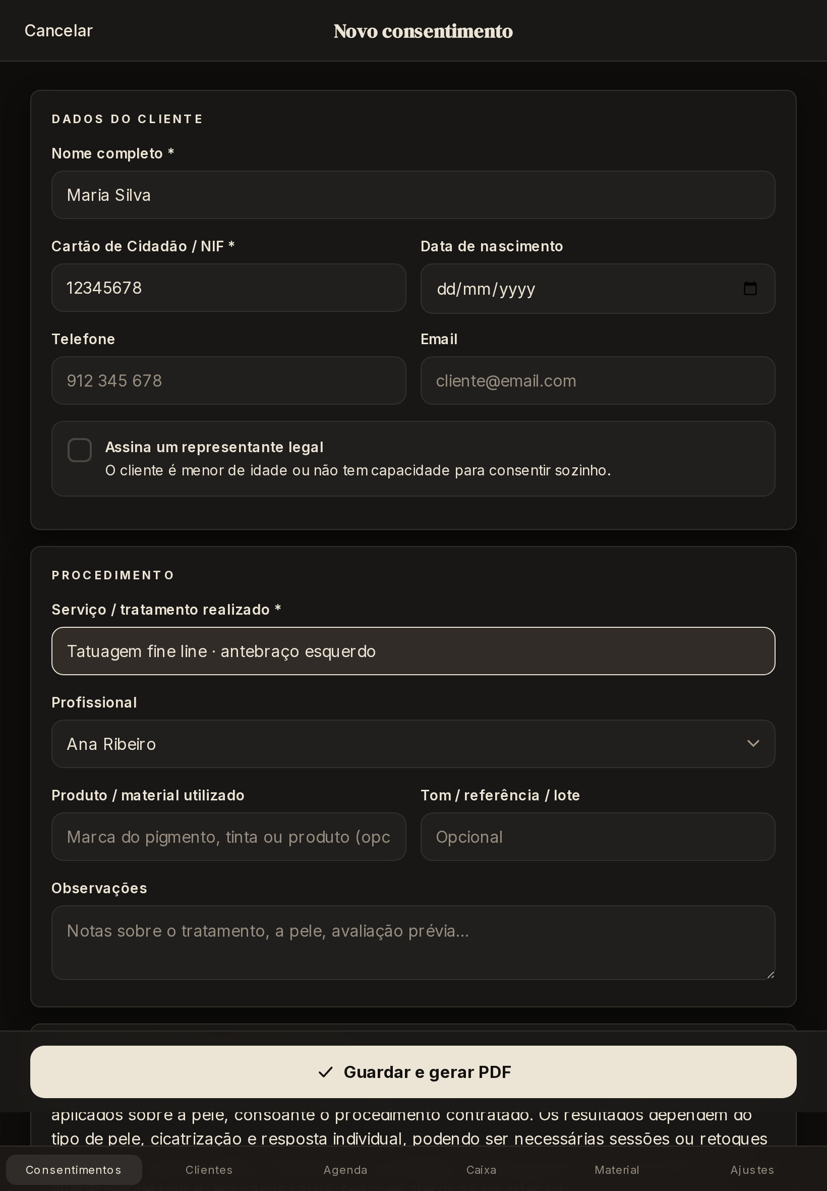 Ecrã da app com os dados do cliente e o procedimento preenchidos