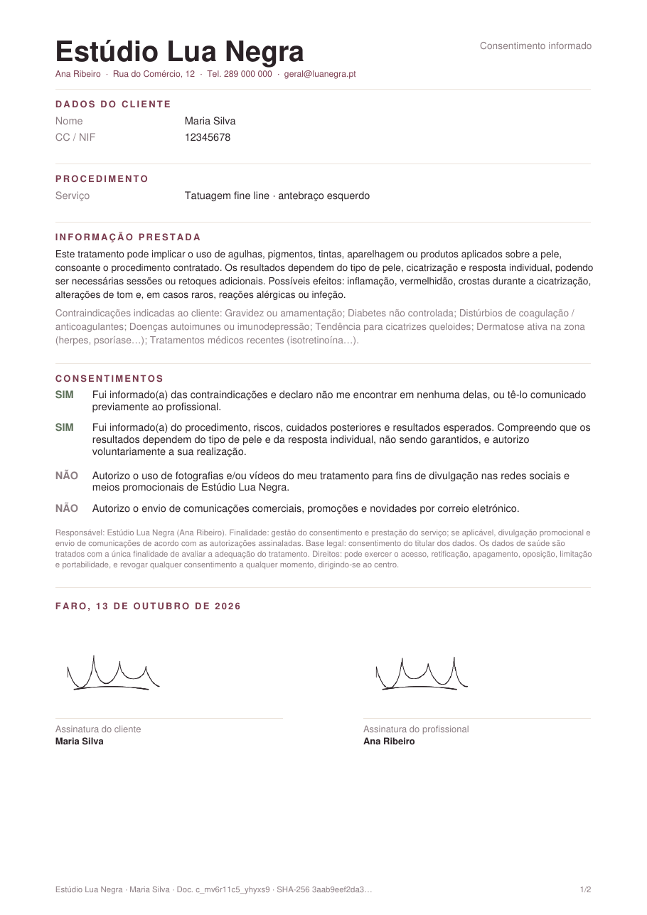 Primeira página do PDF do consentimento, com assinaturas e selo